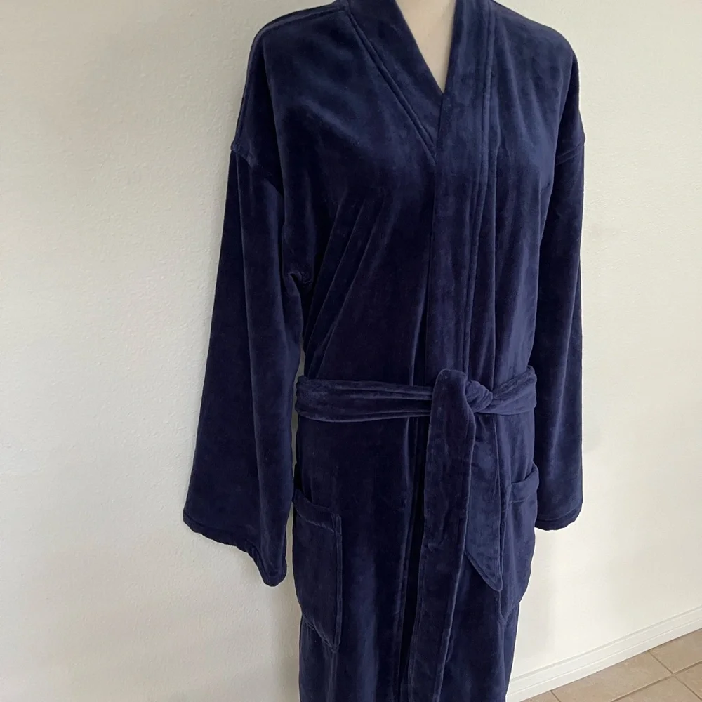 Polo Ralph Lauren Men’s Navy Velour Bath Robe One Size 100% Cotton Shawl Collar